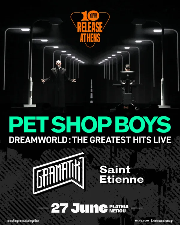 Αφίσα του Release Athens 2026 με τους Pet Shop Boys, Gramatik και Saint Etienne στην Πλατεία Νερού στις 27 Ιουνίου.
