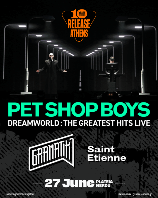 Αφίσα του Release Athens 2026 με τους Pet Shop Boys, Gramatik και Saint Etienne στην Πλατεία Νερού στις 27 Ιουνίου.