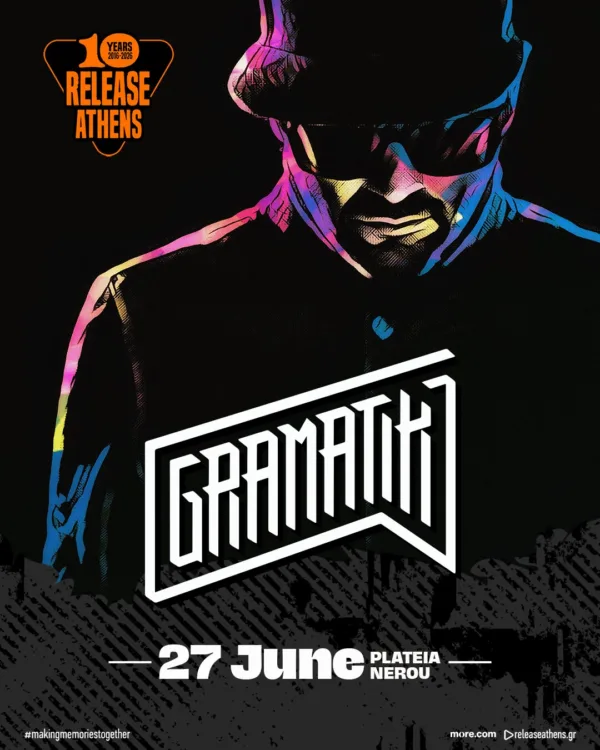 Αφίσα του Release Athens 2026 με τον Gramatik και πληροφορίες για τη συναυλία στις 27 Ιουνίου στην Πλατεία Νερού.