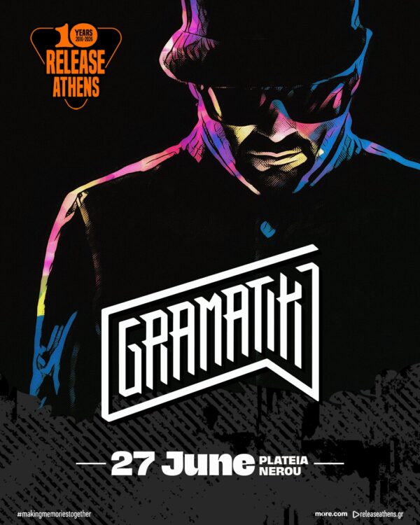 Αφίσα του Release Athens 2026 με τον Gramatik και πληροφορίες για τη συναυλία στις 27 Ιουνίου στην Πλατεία Νερού.