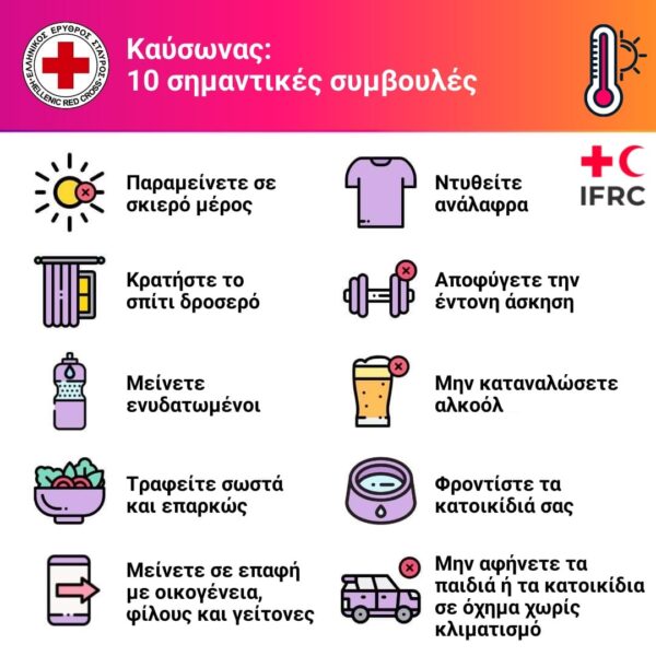 Οδηγίες Ελληνικού Ερυθρού Σταυρού για προστασία από τον καύσωνα, με συμβουλές για ενυδάτωση και αποφυγή άσκησης.