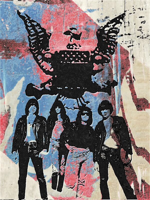 Η θρυλική μπάντα Ramones ποζάρει με το χαρακτηριστικό τους στυλ, γιορτάζοντας 50 χρόνια rock μουσικής.