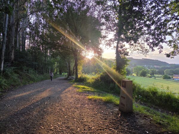 Μια γυναίκα περπατάει στο μονοπάτι του Camino de Santiago καθώς ο ήλιος ανατέλλει, αλλάζοντας τον τρόπο που βλέπεις τη ζωή.