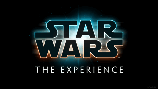 Το λογότυπο του «Star Wars: The Experience» που έρχεται το 2027, με φωτεινά γράμματα σε μαύρο φόντο.