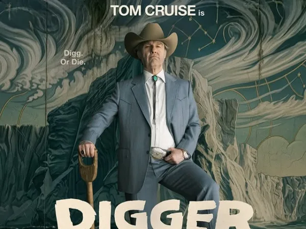 Ο Tom Cruise με καουμπόικο καπέλο και κοστούμι κρατάει φτυάρι στην αφίσα της ταινίας Digger.