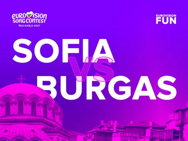 Γραφικό με τίτλο "Sofia vs Burgas" για την Eurovision 2027 στη Βουλγαρία, με λογότυπο Eurovision Song Contest.