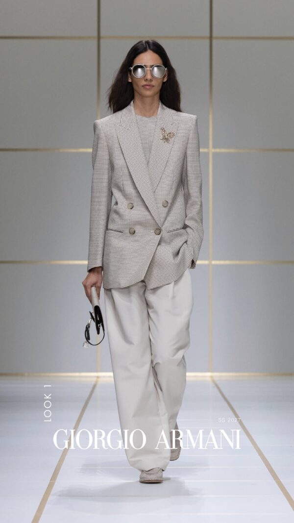 Γυναικεία σιλουέτα με βάτες από τη συλλογή Giorgio Armani SS27, που αναδεικνύει τη νέα μόδα.