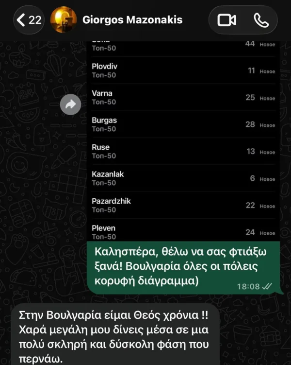 Στιγμιότυπο από συνομιλία του M.Hustler με τον Γιώργο Μαζωνάκη για την επιτυχία του στη Βουλγαρία.
