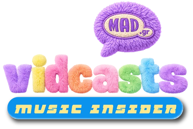 Λογότυπο MAD VIDCASTS με πολύχρωμα γούνινα γράμματα και την επιγραφή MUSIC INSIDER, που ανακοινώνει νέα original formats.