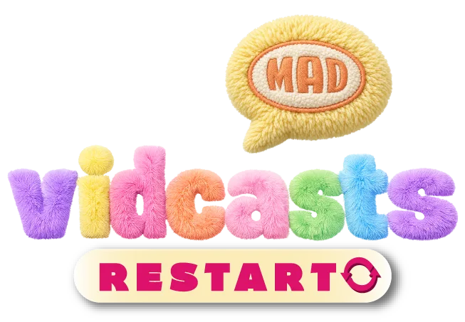 Λογότυπο MAD VIDCASTS με πολύχρωμα γράμματα και την ένδειξη RESTART, που ανακοινώνει νέα original formats στο YouTube.